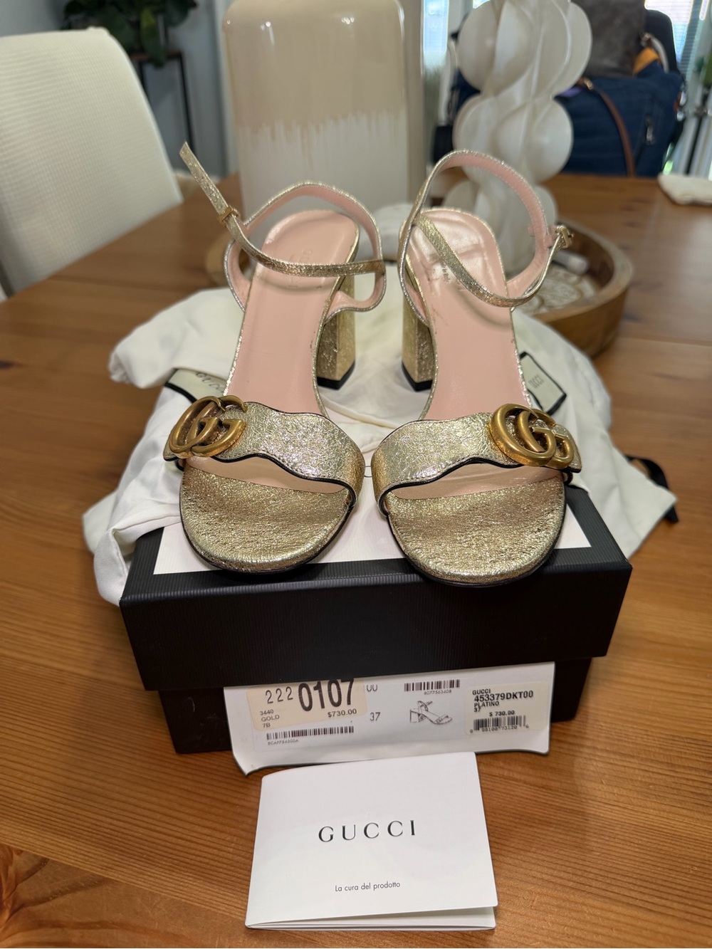 Gucci Gold Metallic Leather GG Logo Ankle-Strap Heels with Pink Insole - Picture 2 of 5